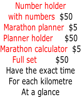 Number holder  with numbers  $50 Marathon planner  $5 Planner holder     $50 Marathon calculator  $5 Full set        $50 Have the exact time For each kilometre At a glance